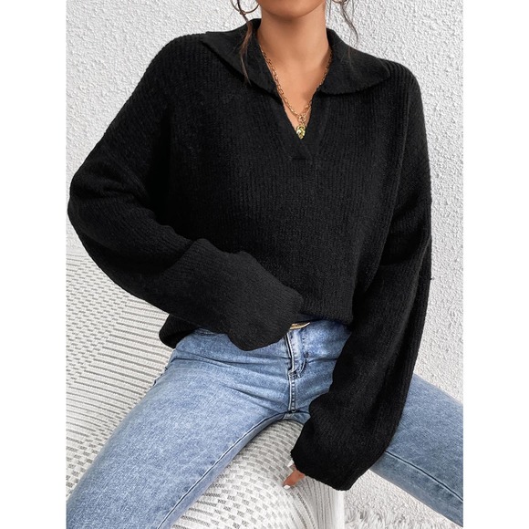 Minimalist preppy collared v neck oversized knit Sweater cream tan - Picture 3 of 4